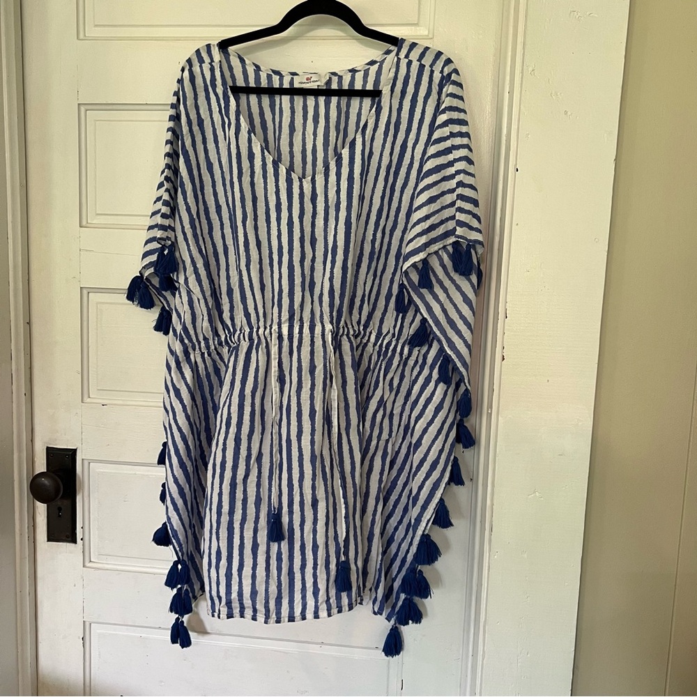Vineyard Vines Blue and white stripe swim coverup with tassels